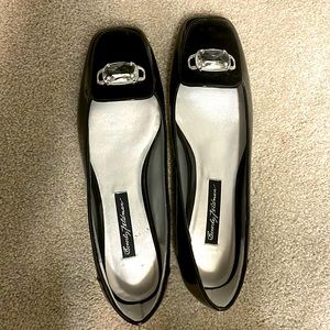 Patent leather side, suede top flats for fall and winter with jewel emblem